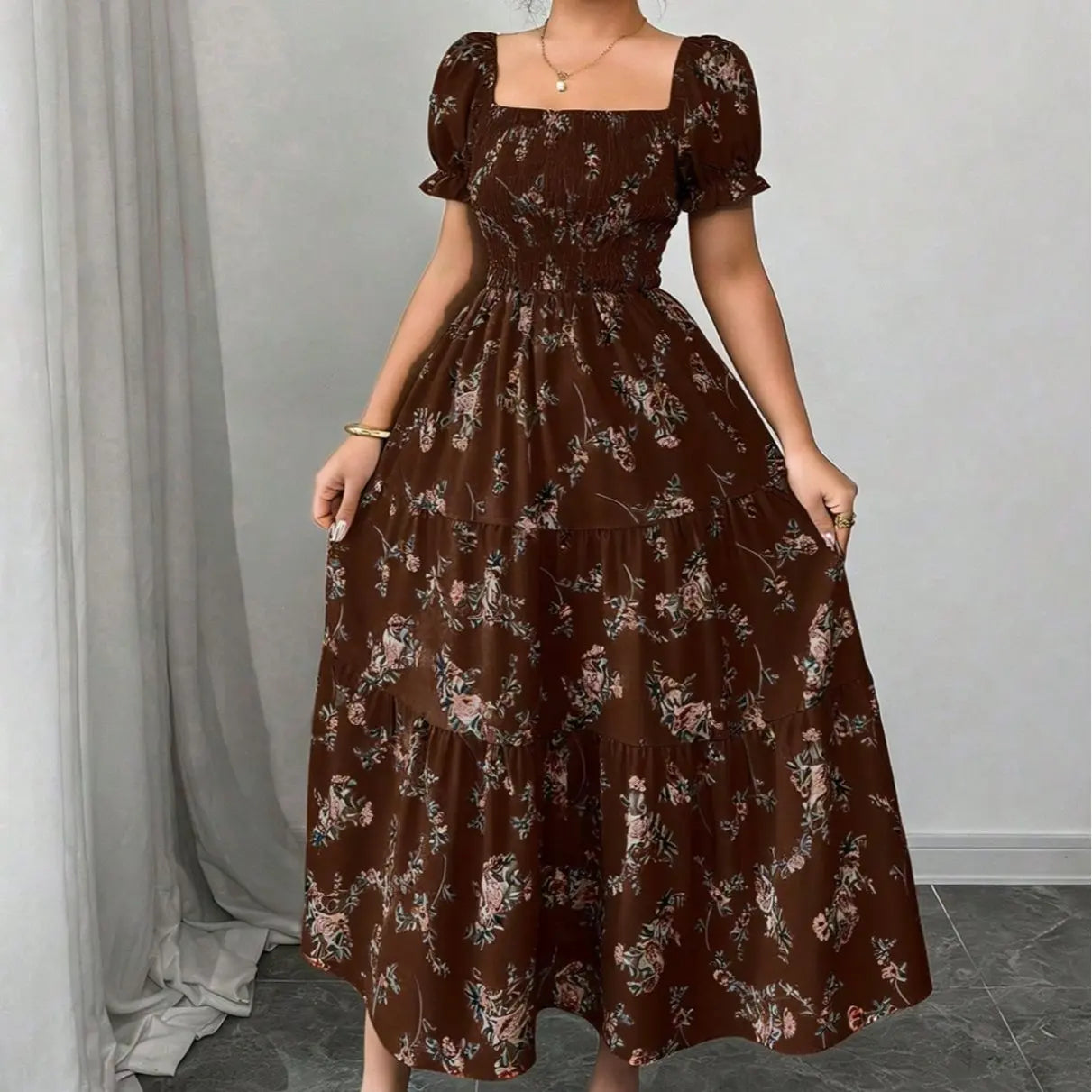 2026 New Women'S Square Neck Ditsy Floral Maxi Dress, Flowy Big Swing Printed Long Dress, Casual Elegant Boho Sundress