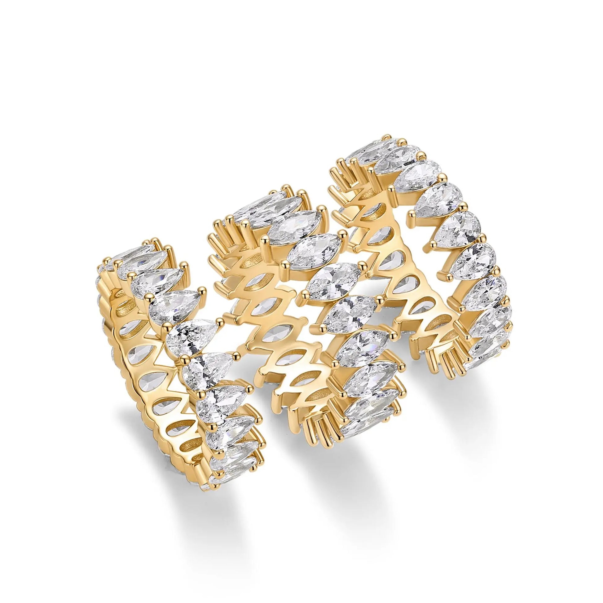 PAVOI 14K Gold Plated Eternity Ring Set - 3 Ring Pack Stackable Wedding Bands for Women with Cubic Zirconia - Pear & Oval CZ Eternity Band - Statement Bridal Jewelry Wedding Rings
