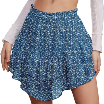 Cyinu Women'S Mini Skirt Ruffle High Waist Elastic Boho Flowy Chiffon Tiered Skirt with Shorts