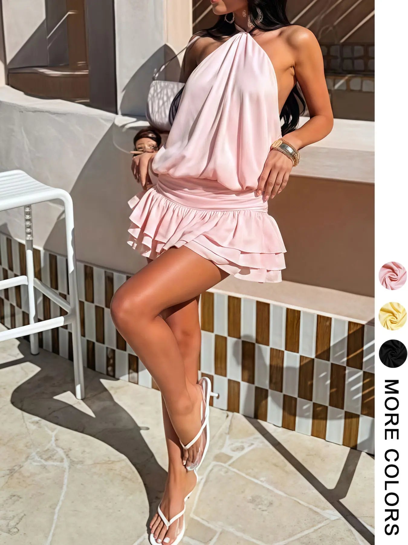 Backless Halter Dress with Ruffle Design, High Waist Bodycon, Slimming and Tall, Summer Date, Sweet Casual Style, Spring and Summer
