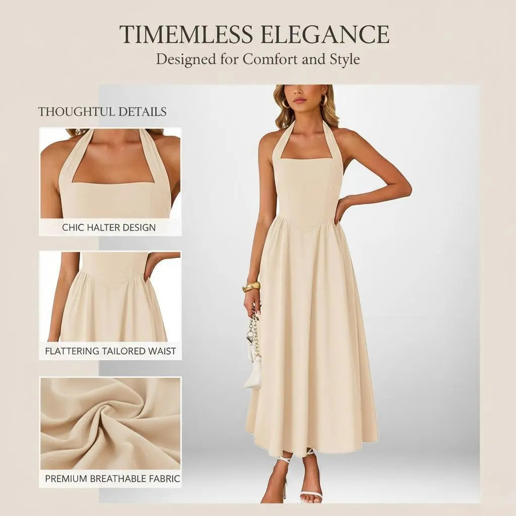 2026 New Arrival Women’S Stylish Wide Strap Halter Neck Backless Dress, Elegant Fashion Casual Long Dress