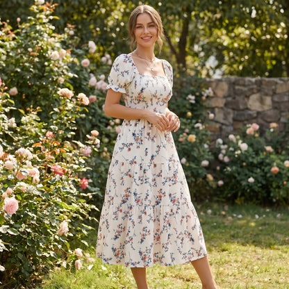 2026 New Women'S Square Neck Ditsy Floral Maxi Dress, Flowy Big Swing Printed Long Dress, Casual Elegant Boho Sundress