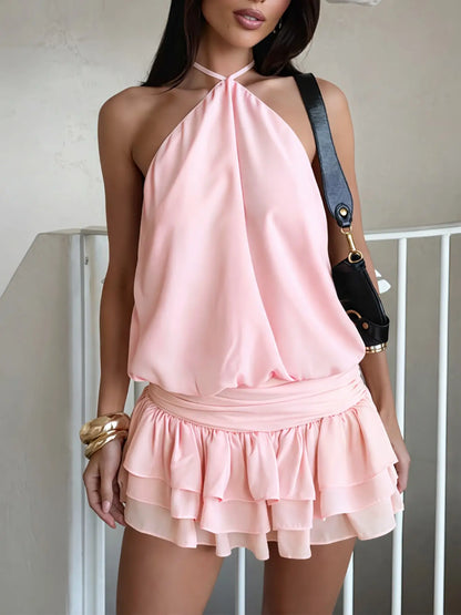 Backless Halter Dress with Ruffle Design, High Waist Bodycon, Slimming and Tall, Summer Date, Sweet Casual Style, Spring and Summer