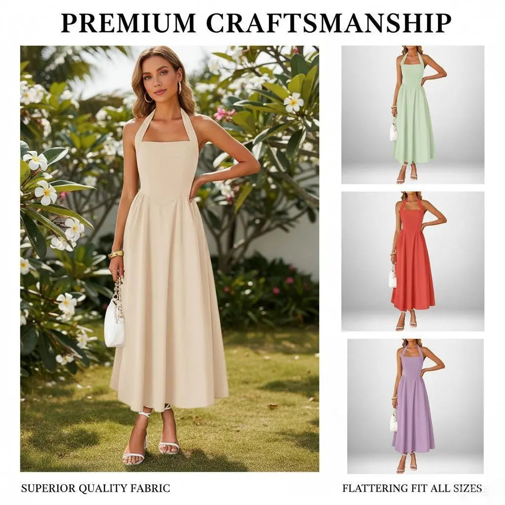 2026 New Arrival Women’S Stylish Wide Strap Halter Neck Backless Dress, Elegant Fashion Casual Long Dress
