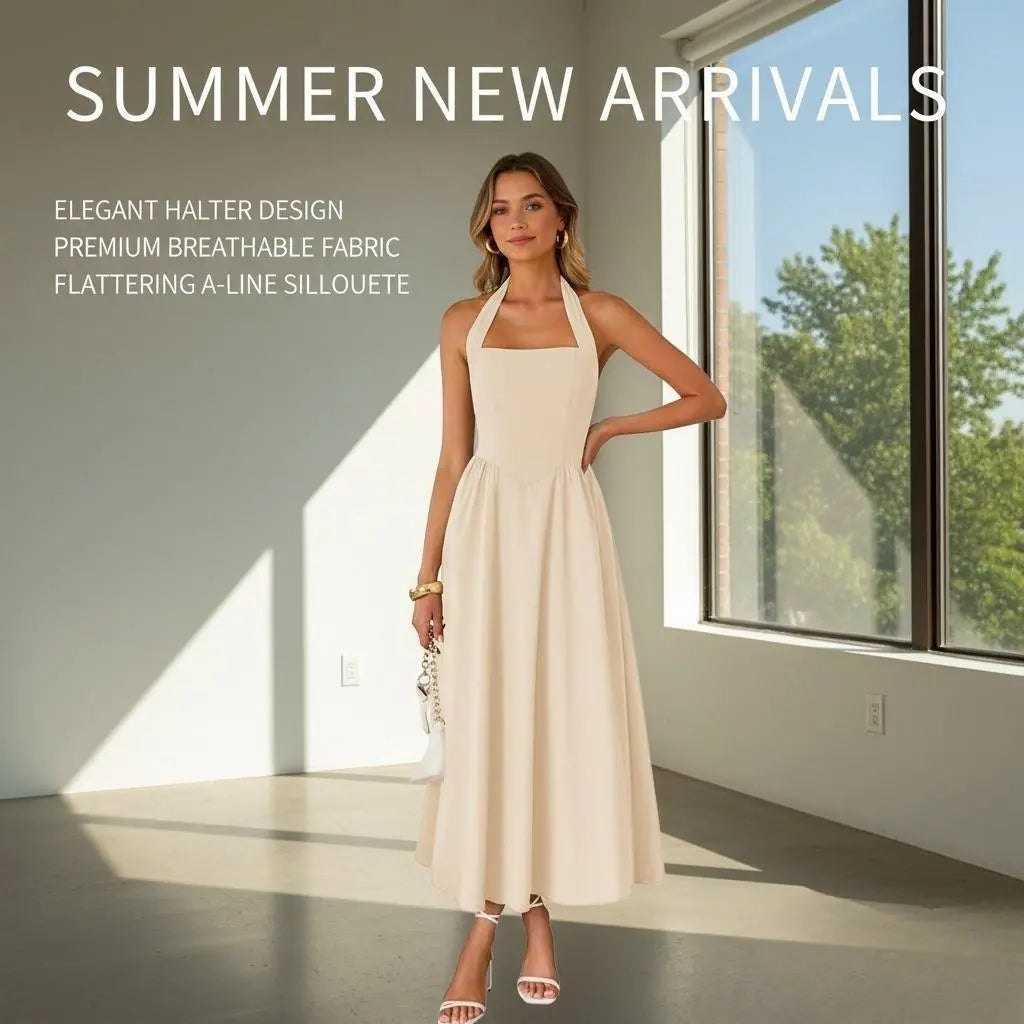 2026 New Arrival Women’S Stylish Wide Strap Halter Neck Backless Dress, Elegant Fashion Casual Long Dress