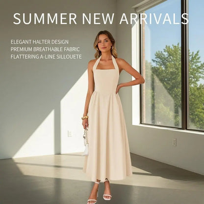 2026 New Arrival Women’S Stylish Wide Strap Halter Neck Backless Dress, Elegant Fashion Casual Long Dress