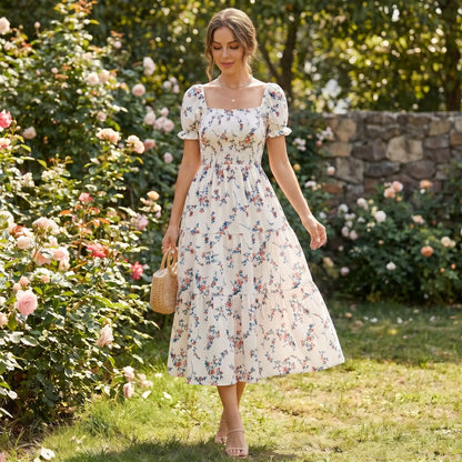 2026 New Women'S Square Neck Ditsy Floral Maxi Dress, Flowy Big Swing Printed Long Dress, Casual Elegant Boho Sundress