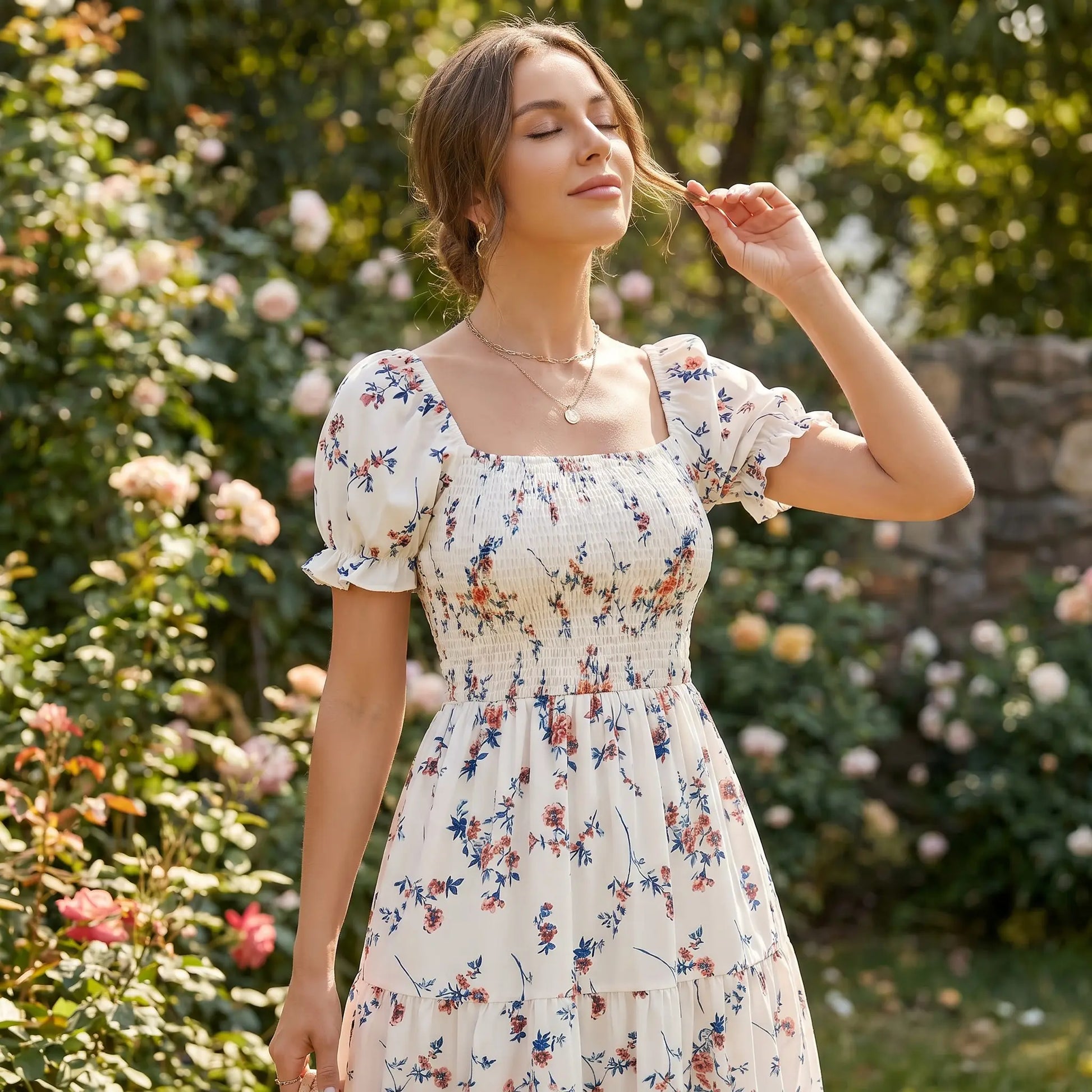 2026 New Women'S Square Neck Ditsy Floral Maxi Dress, Flowy Big Swing Printed Long Dress, Casual Elegant Boho Sundress