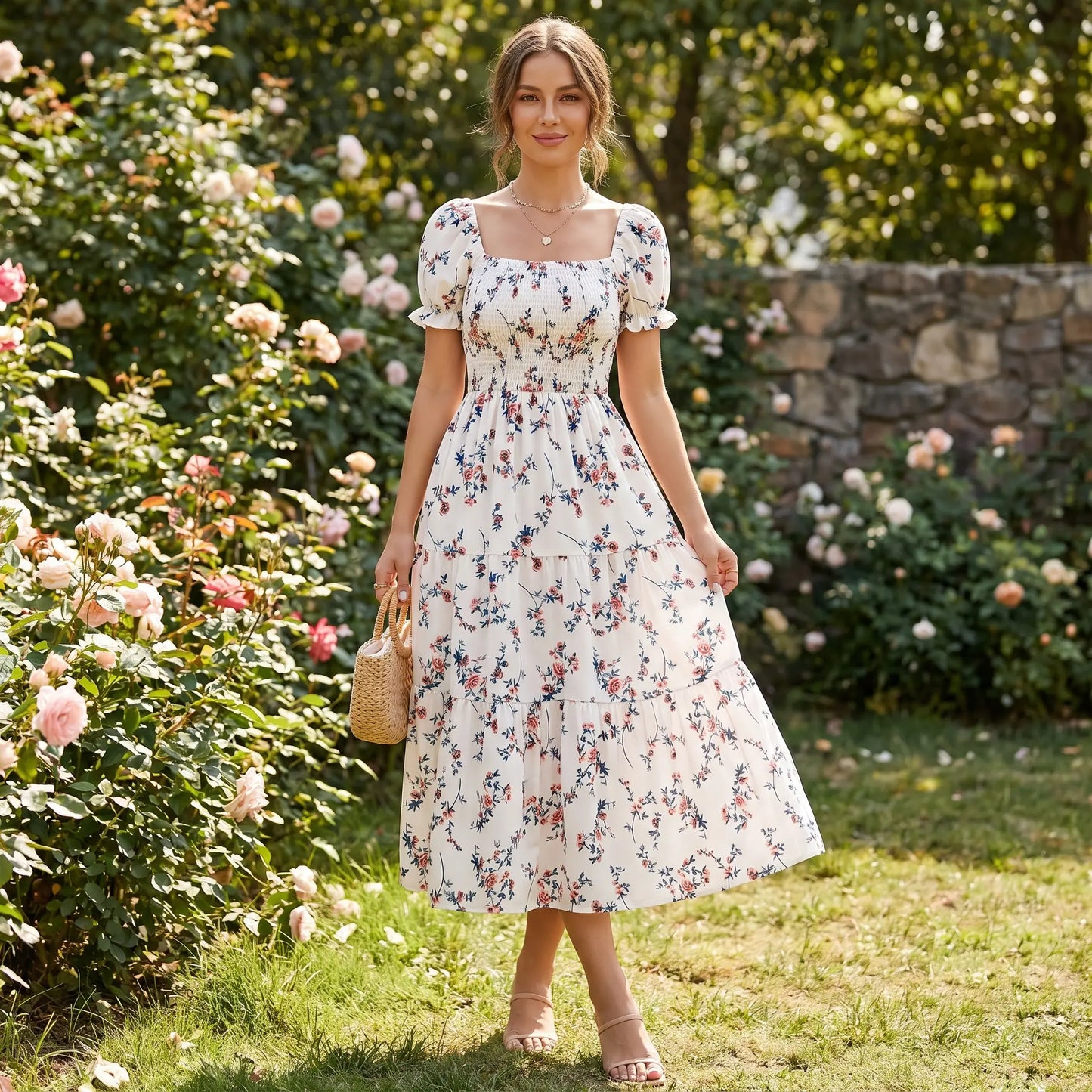 2026 New Women'S Square Neck Ditsy Floral Maxi Dress, Flowy Big Swing Printed Long Dress, Casual Elegant Boho Sundress