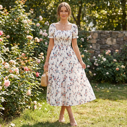 2026 New Women'S Square Neck Ditsy Floral Maxi Dress, Flowy Big Swing Printed Long Dress, Casual Elegant Boho Sundress