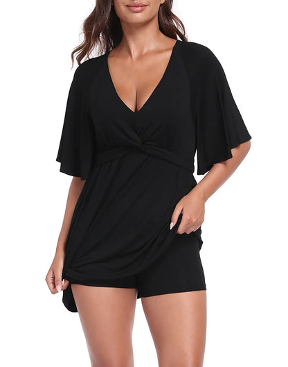 HDE Women'S Romper Dress Easy Quick Slip V Neck Flutter Sleeve Summer Dresses Flowy Rompers with Built-In Shorts and Pockets