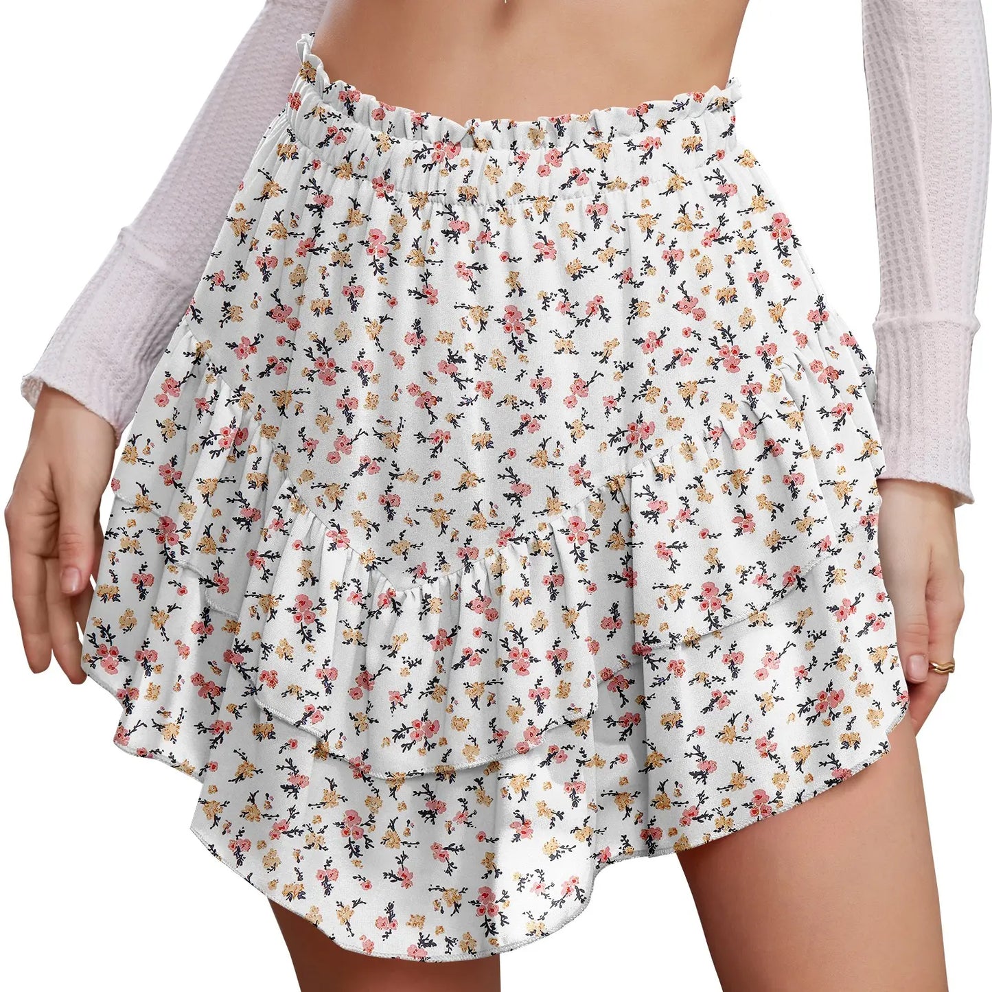 Cyinu Women'S Mini Skirt Ruffle High Waist Elastic Boho Flowy Chiffon Tiered Skirt with Shorts