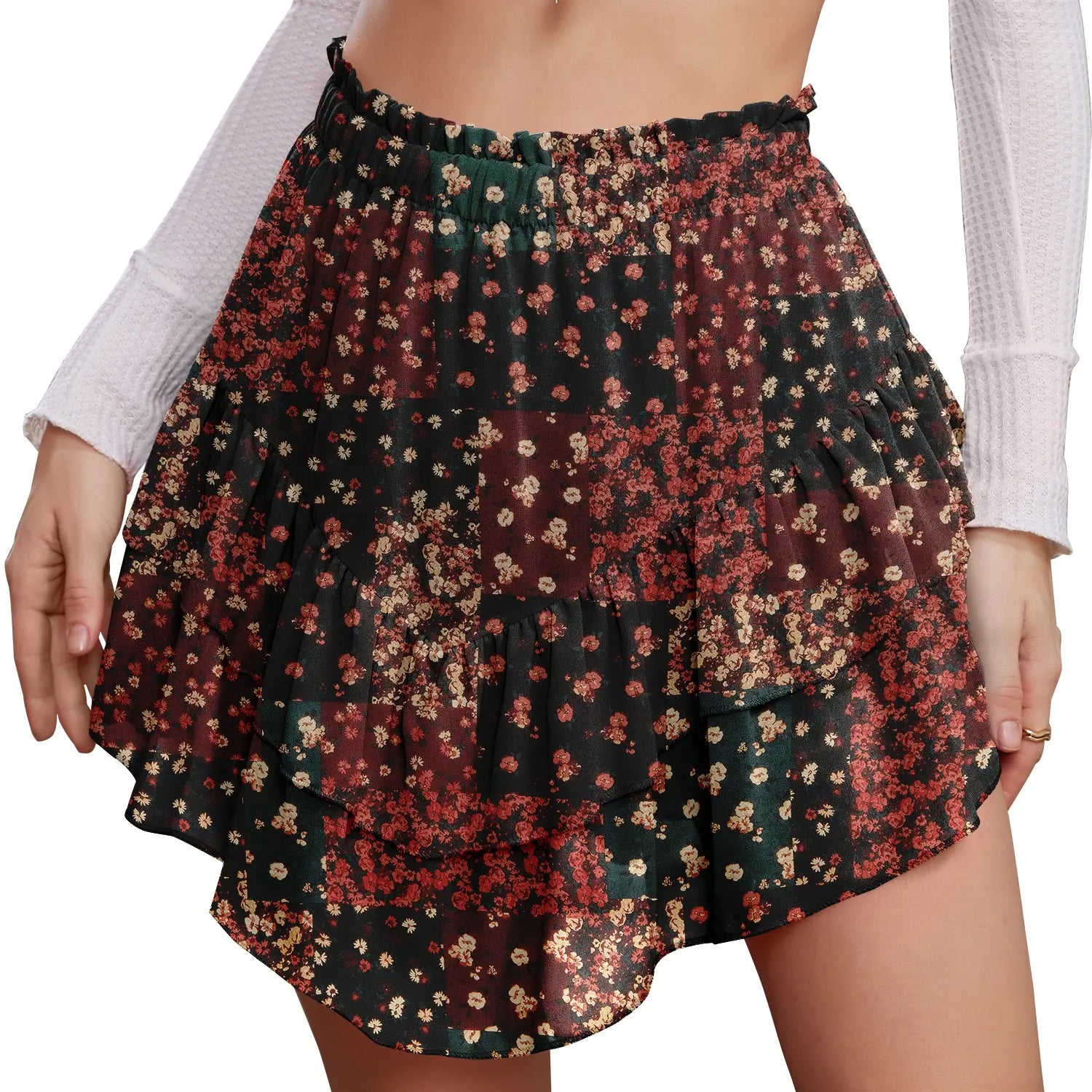 Cyinu Women'S Mini Skirt Ruffle High Waist Elastic Boho Flowy Chiffon Tiered Skirt with Shorts