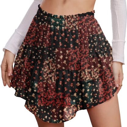 Cyinu Women'S Mini Skirt Ruffle High Waist Elastic Boho Flowy Chiffon Tiered Skirt with Shorts