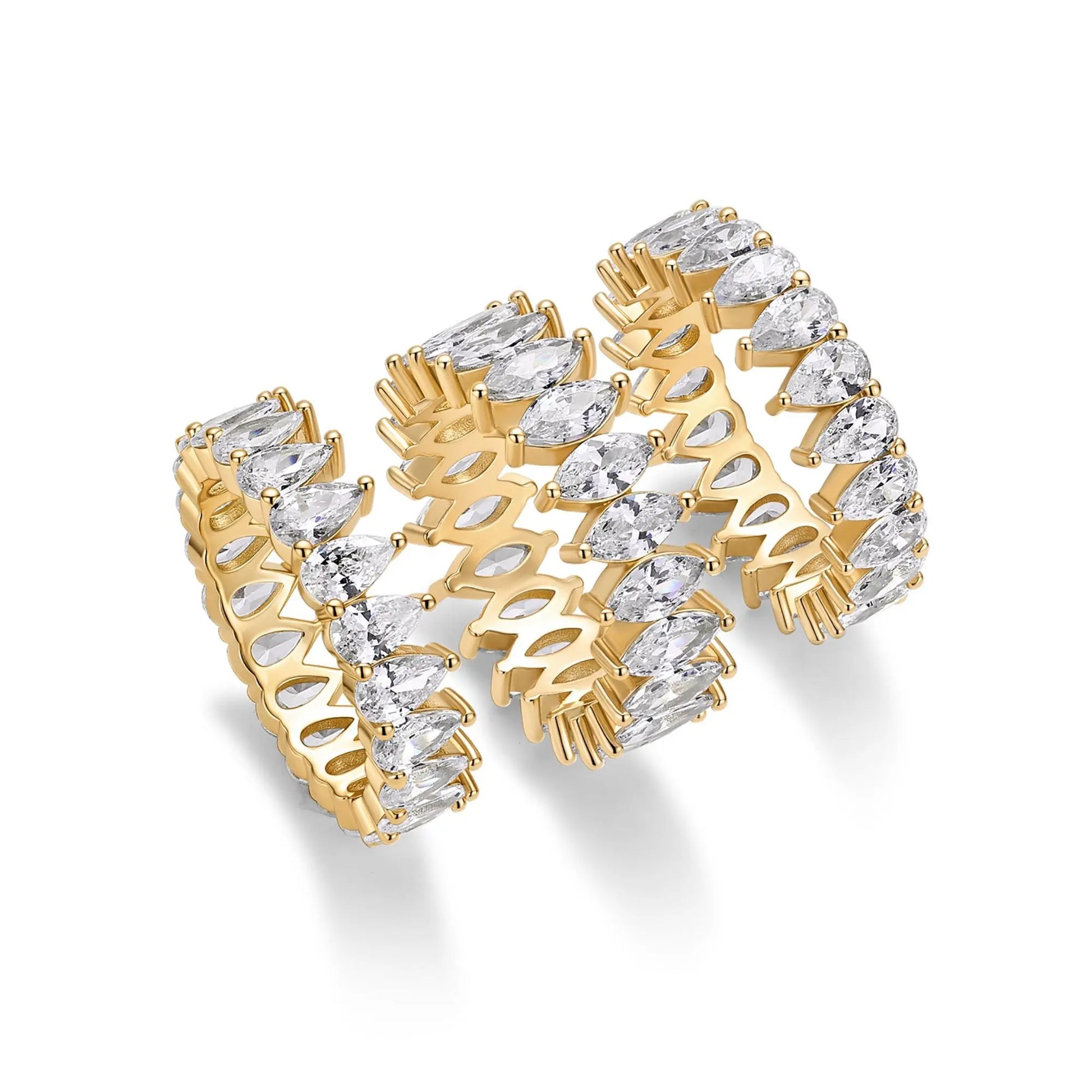 PAVOI 14K Gold Plated Eternity Ring Set - 3 Ring Pack Stackable Wedding Bands for Women with Cubic Zirconia - Pear & Oval CZ Eternity Band - Statement Bridal Jewelry Wedding Rings