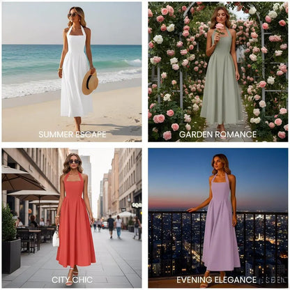 2026 New Arrival Women’S Stylish Wide Strap Halter Neck Backless Dress, Elegant Fashion Casual Long Dress