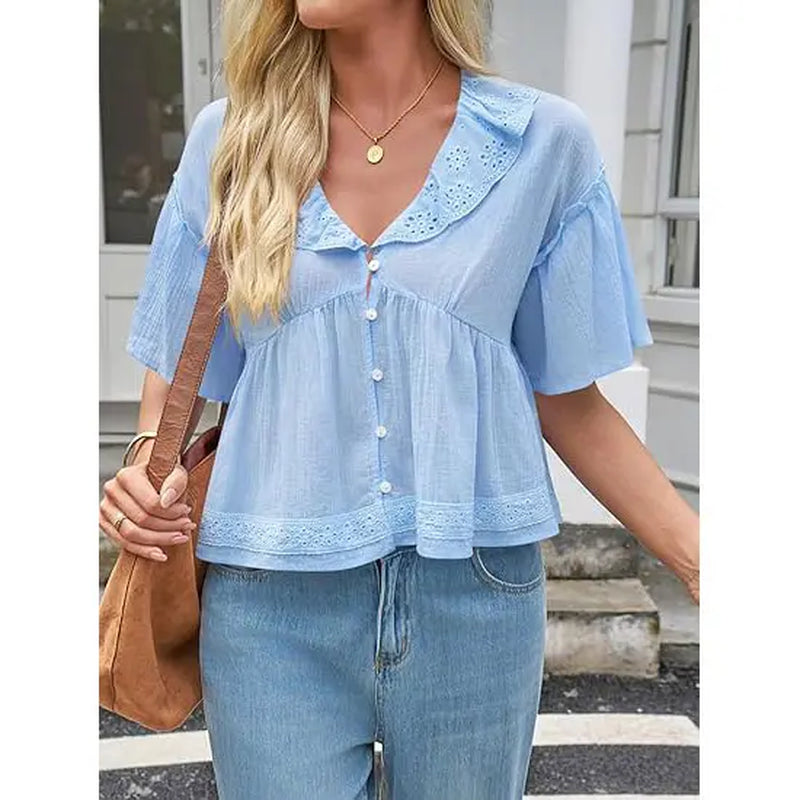 Cicy Bell Womens Cropped Babydoll Tops Summer Eyelet V Neck Short Sleeve Cute Blouses Ruffle Shirts