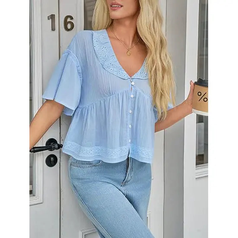 Cicy Bell Womens Cropped Babydoll Tops Summer Eyelet V Neck Short Sleeve Cute Blouses Ruffle Shirts