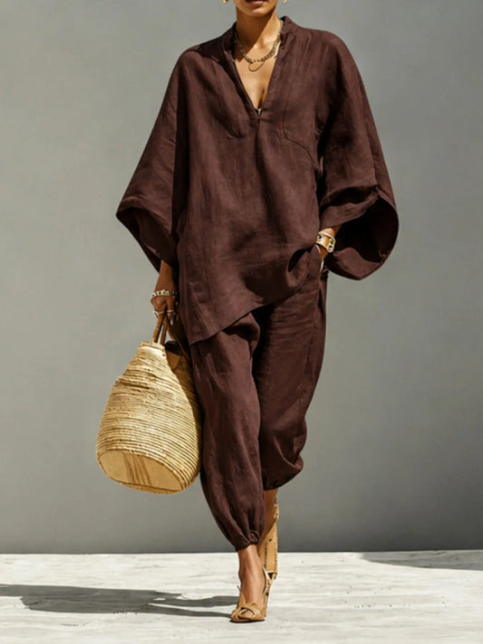 Women'S Summer Loose Fit Solid Linen Deep V Neck Batwing Sleeve Pants Set, Casual Long Length, Comfortable Daily Wear, Multiple Colors Available