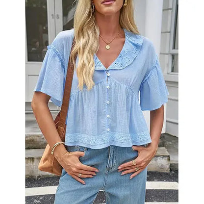 Cicy Bell Womens Cropped Babydoll Tops Summer Eyelet V Neck Short Sleeve Cute Blouses Ruffle Shirts