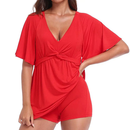 HDE Women'S Romper Dress Easy Quick Slip V Neck Flutter Sleeve Summer Dresses Flowy Rompers with Built-In Shorts and Pockets