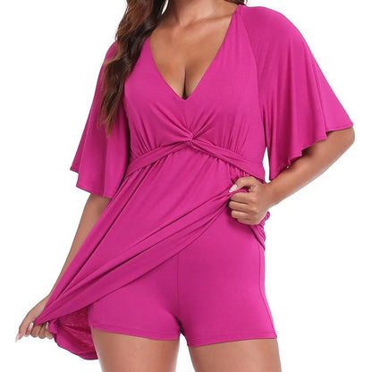 HDE Women'S Romper Dress Easy Quick Slip V Neck Flutter Sleeve Summer Dresses Flowy Rompers with Built-In Shorts and Pockets