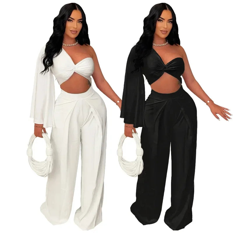One-Shoulder Crop Top & Wide-Leg Pants Set