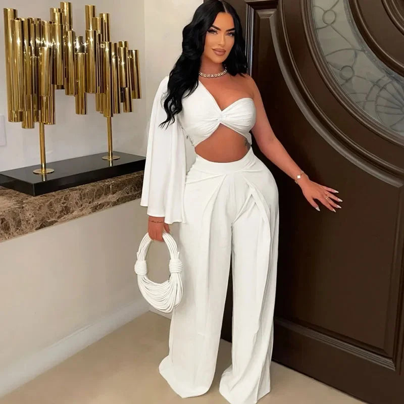 One-Shoulder Crop Top & Wide-Leg Pants Set