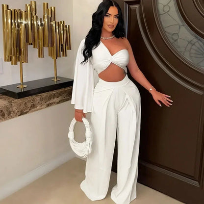 One-Shoulder Crop Top & Wide-Leg Pants Set