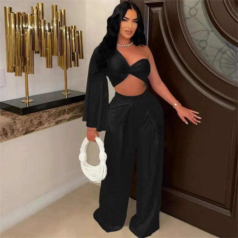 One-Shoulder Crop Top & Wide-Leg Pants Set