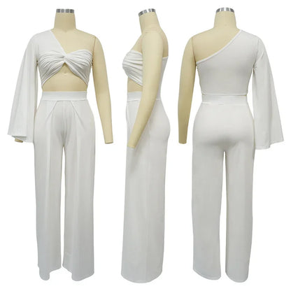 One-Shoulder Crop Top & Wide-Leg Pants Set