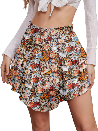 Cyinu Women'S Mini Skirt Ruffle High Waist Elastic Boho Flowy Chiffon Tiered Skirt with Shorts