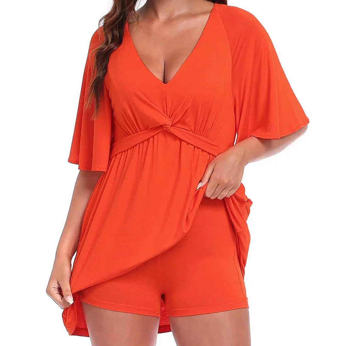 HDE Women'S Romper Dress Easy Quick Slip V Neck Flutter Sleeve Summer Dresses Flowy Rompers with Built-In Shorts and Pockets
