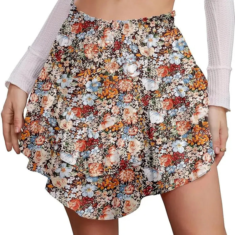 Cyinu Women'S Mini Skirt Ruffle High Waist Elastic Boho Flowy Chiffon Tiered Skirt with Shorts