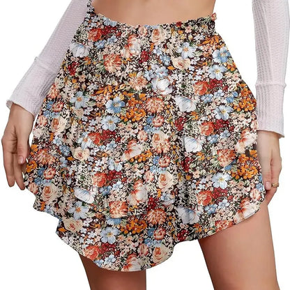 Cyinu Women'S Mini Skirt Ruffle High Waist Elastic Boho Flowy Chiffon Tiered Skirt with Shorts