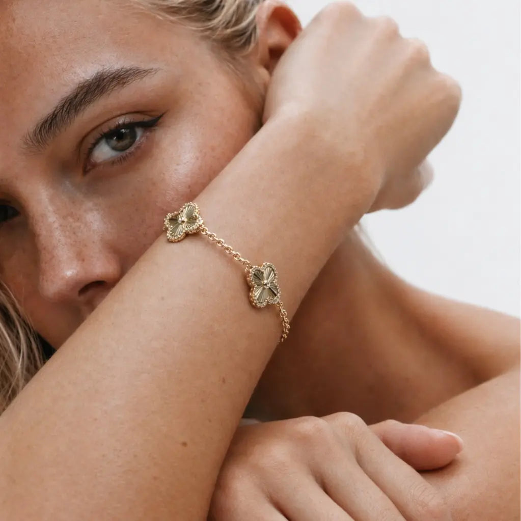 PAVOI 14K Gold Plated Clover Bracelet for Women - Lucky Charm Four Leaf Clover Bracelet Station with Cubic Zirconia - Hypoallergenic Trendy Fashion Stackable Clover Jewelry