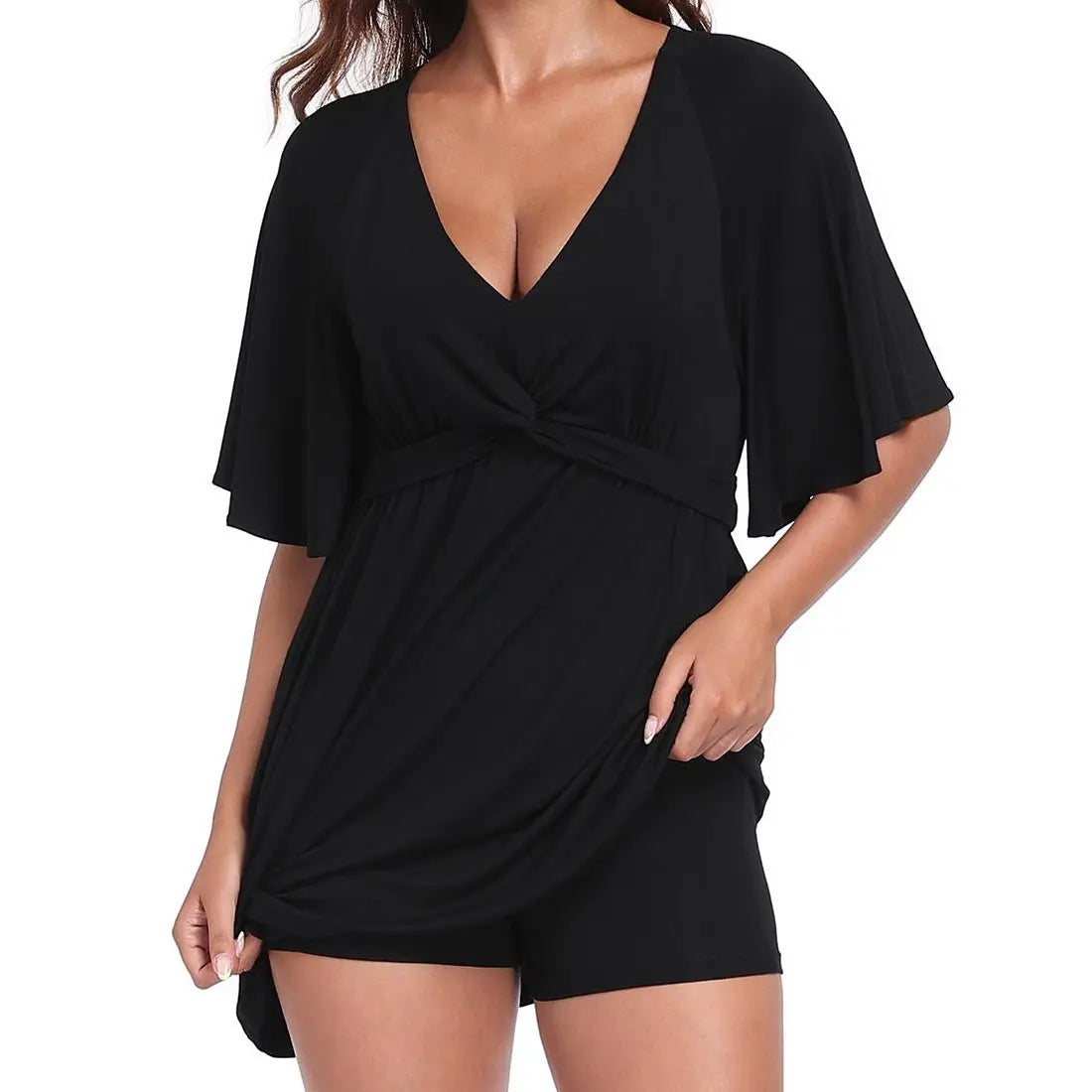 HDE Women'S Romper Dress Easy Quick Slip V Neck Flutter Sleeve Summer Dresses Flowy Rompers with Built-In Shorts and Pockets