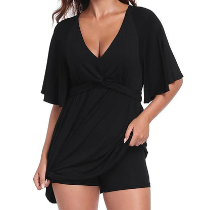 HDE Women'S Romper Dress Easy Quick Slip V Neck Flutter Sleeve Summer Dresses Flowy Rompers with Built-In Shorts and Pockets