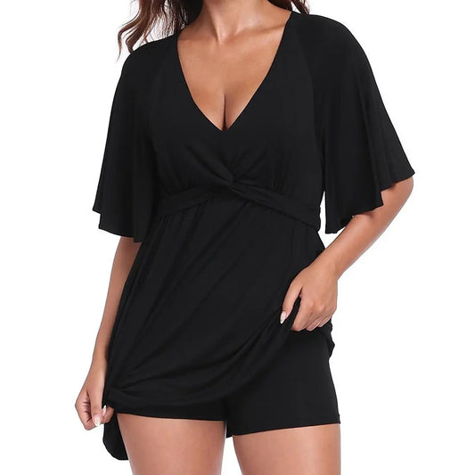 HDE Women'S Romper Dress Easy Quick Slip V Neck Flutter Sleeve Summer Dresses Flowy Rompers with Built-In Shorts and Pockets