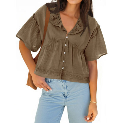 Cicy Bell Womens Cropped Babydoll Tops Summer Eyelet V Neck Short Sleeve Cute Blouses Ruffle Shirts