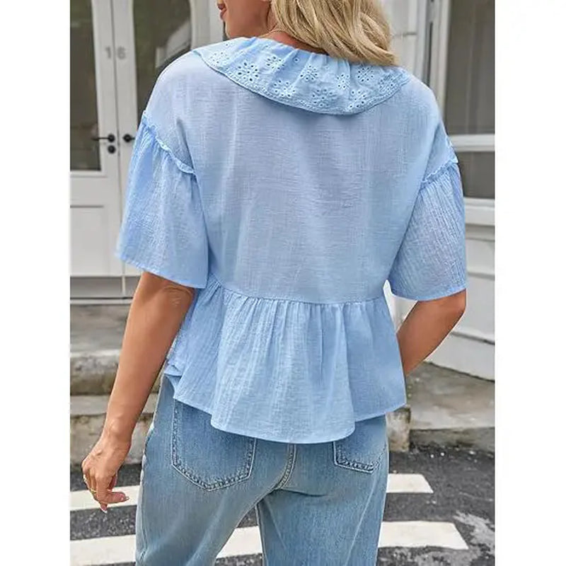 Cicy Bell Womens Cropped Babydoll Tops Summer Eyelet V Neck Short Sleeve Cute Blouses Ruffle Shirts