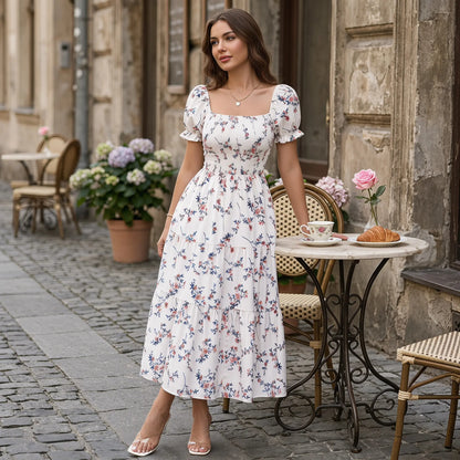 2026 New Women'S Square Neck Ditsy Floral Maxi Dress, Flowy Big Swing Printed Long Dress, Casual Elegant Boho Sundress
