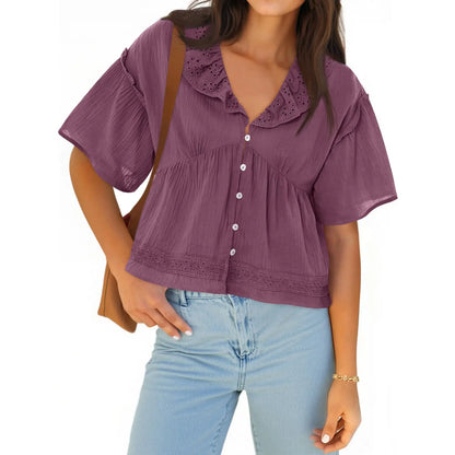Cicy Bell Womens Cropped Babydoll Tops Summer Eyelet V Neck Short Sleeve Cute Blouses Ruffle Shirts