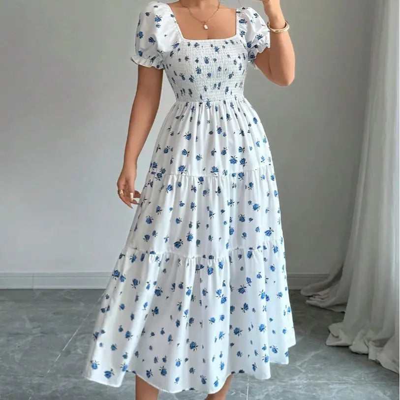 2026 New Women'S Square Neck Ditsy Floral Maxi Dress, Flowy Big Swing Printed Long Dress, Casual Elegant Boho Sundress