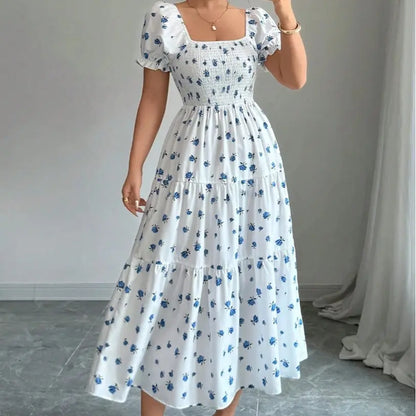 2026 New Women'S Square Neck Ditsy Floral Maxi Dress, Flowy Big Swing Printed Long Dress, Casual Elegant Boho Sundress