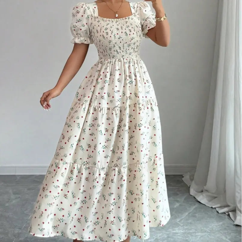 2026 New Women'S Square Neck Ditsy Floral Maxi Dress, Flowy Big Swing Printed Long Dress, Casual Elegant Boho Sundress