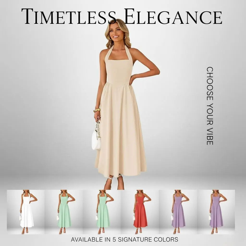 2026 New Arrival Women’S Stylish Wide Strap Halter Neck Backless Dress, Elegant Fashion Casual Long Dress
