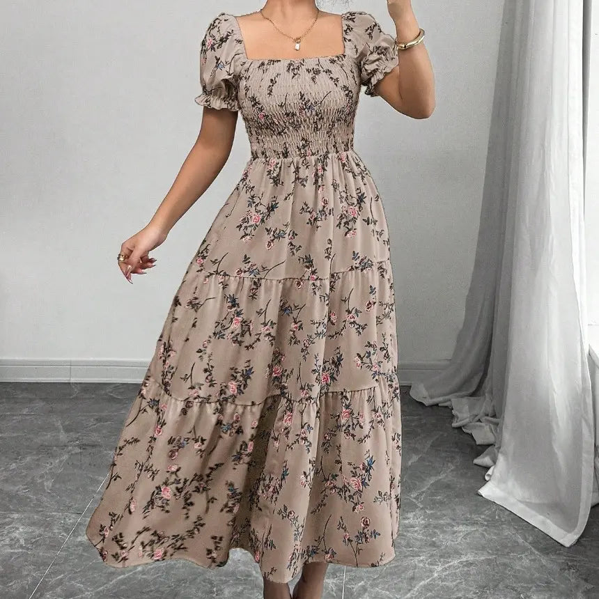 2026 New Women'S Square Neck Ditsy Floral Maxi Dress, Flowy Big Swing Printed Long Dress, Casual Elegant Boho Sundress
